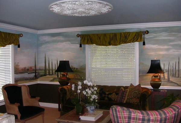 Nice-Hand-Painted-Classic-Landscape-Murals-in-Traditional-Living-Room